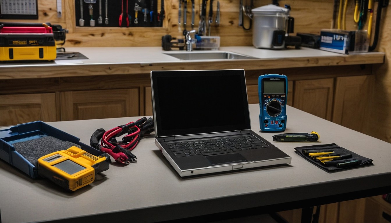 RV service workbench with diagnostic tools